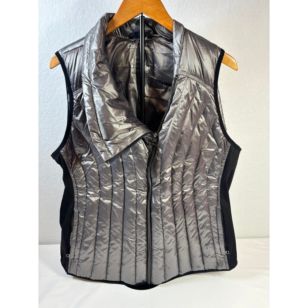 Calvin Klein Performance‎ Women's 1X Metallic Silver Down Puffer Vest Asym Zip